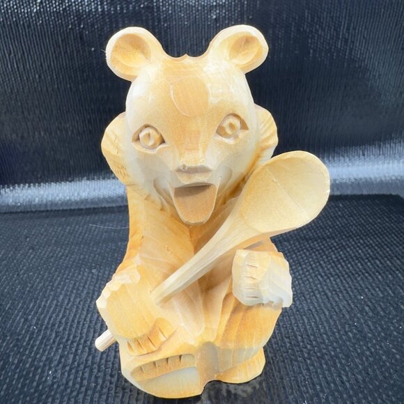 Russian Folk Art Hand Carved Wooden Bear With Spoon Figurine Vintage Decor - Picture 1 of 10